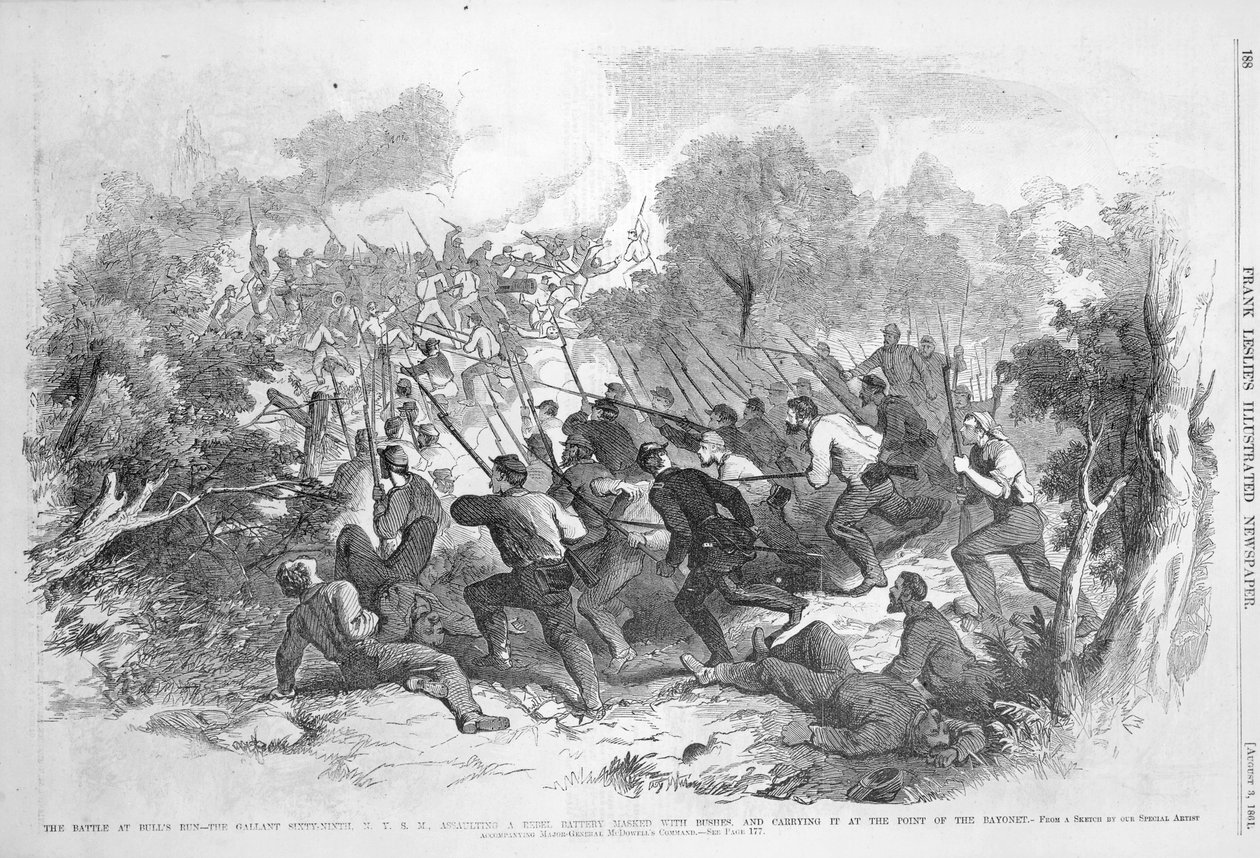 La bataille de Bull Run : Le vaillant soixante-neuvième N.Y.S.M. assaillant une batterie rebelle masquée par des buissons et la prenant à la baïonnette, de 