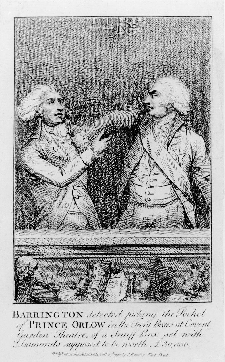 Barrington détecté en train de voler la poche du Prince Orlow dans les loges de Covent Garden Theatre, d