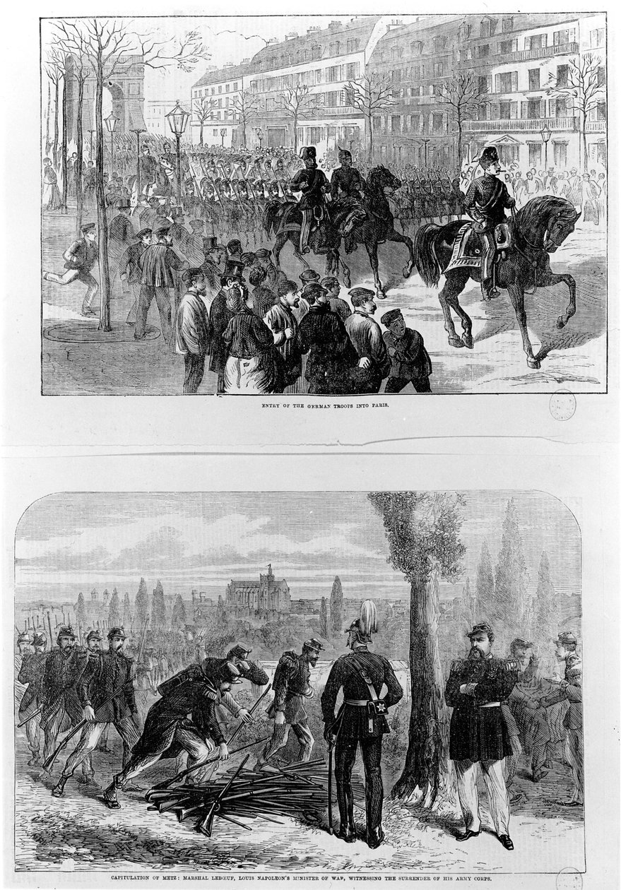 Entrée des troupes allemandes à Paris, 2 mars 1871; Capitulation de Metz, 27 octobre 1870, le maréchal Leboeuf, ministre de la guerre de Louis Napoléon, assistant à la reddition de son corps d