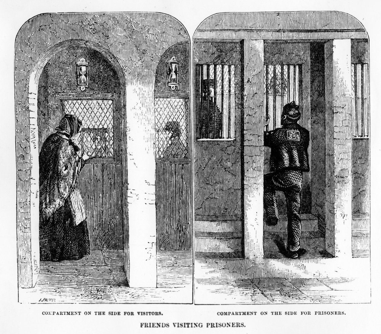 Amis visitant des prisonniers à la maison de correction, Coldbath Fields, gravure de J. Palmer, illustration de 