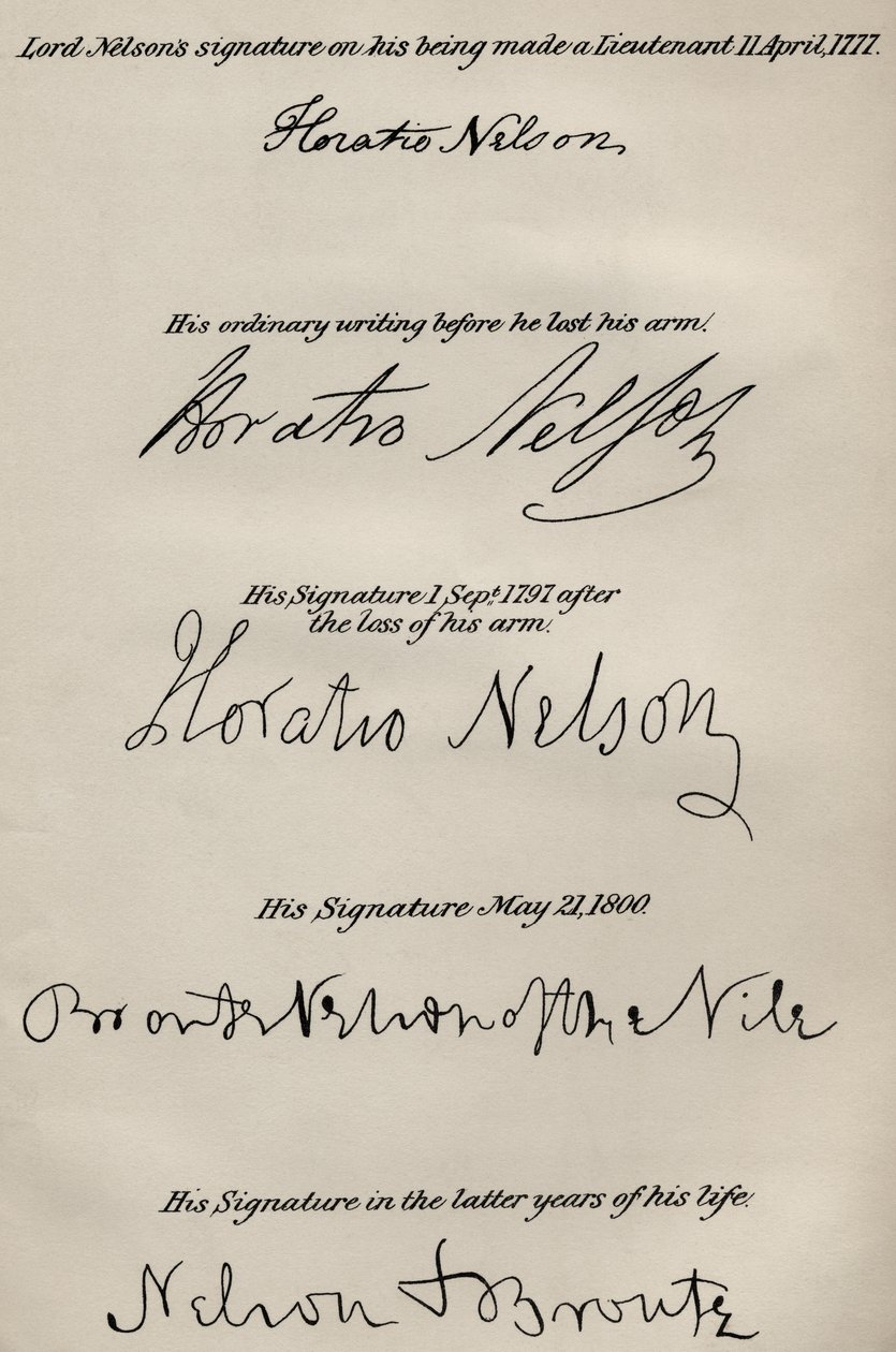 Signatures de Lord Nelson avant et après la perte de son bras droit, de 