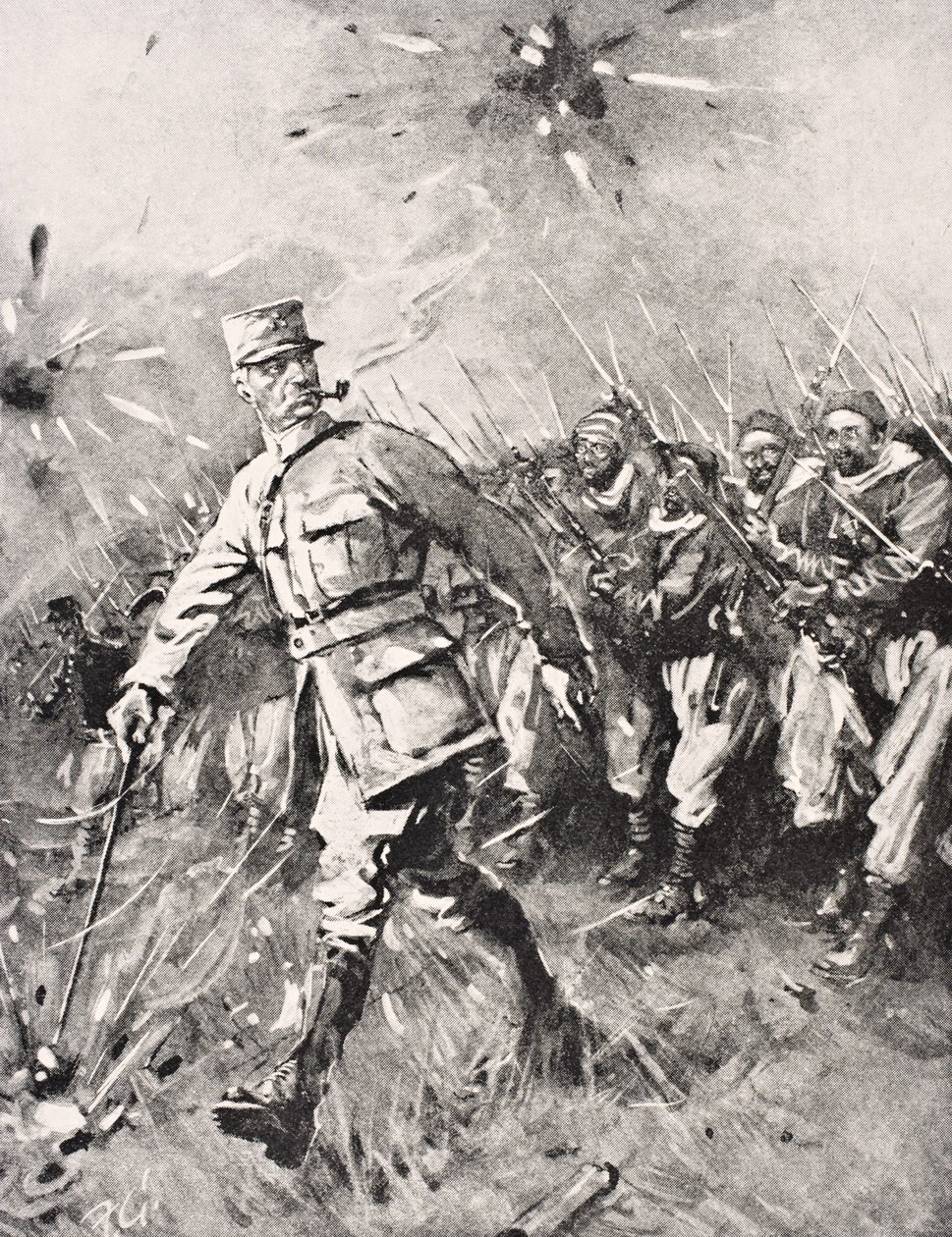 Le major Jean-Baptiste Marchand, pipe à la bouche, canne à la main, mène les unités zouaves et marocaines contre l