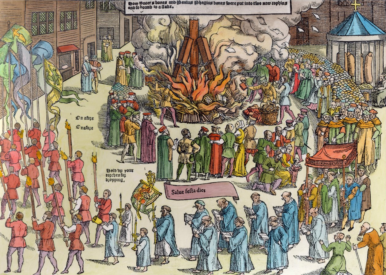 La crémation des restes de Martin Bucer (1491-1551) et Paul Fagius (1504-49) sur Market Hill à Cambridge en 1557, tiré de 