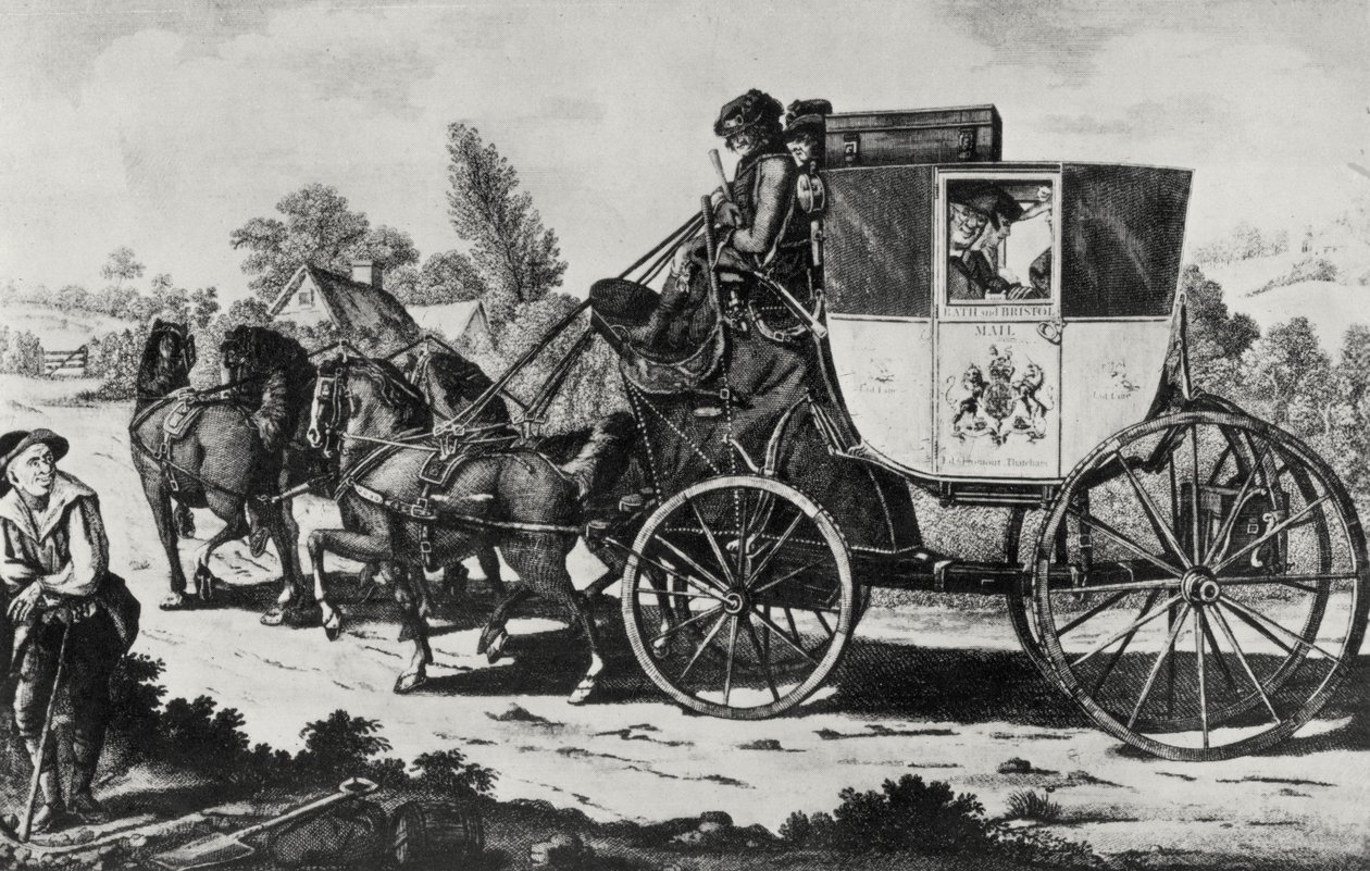 Le premier coche postal, 1784 (gravure) - English School
