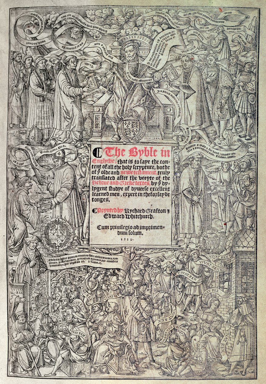 Page de titre introduisant la traduction anglaise de la Grande Bible, traduite des textes hébreux et grecs et imprimée par Richard Grafton et Edward Whitchurch, vers 1539 - English School