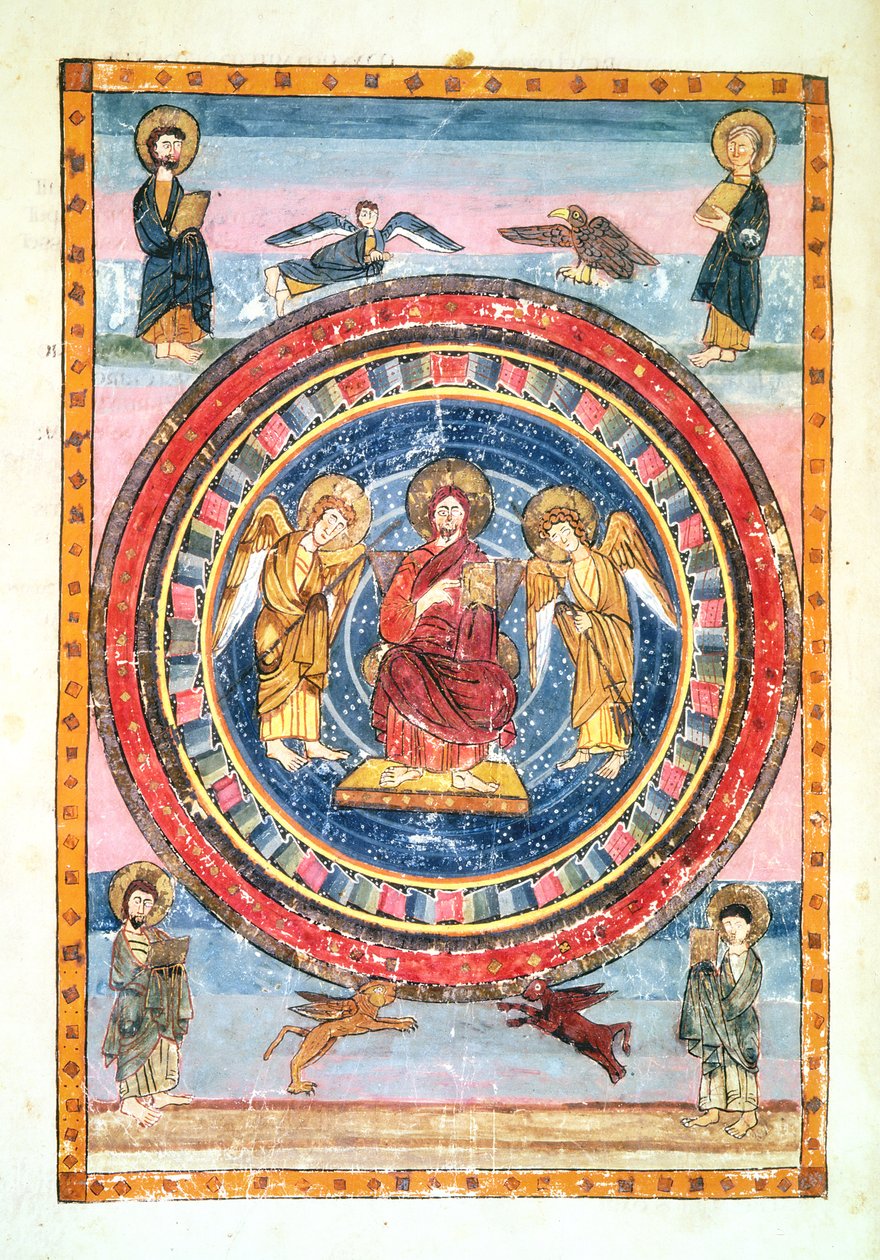 Christ en majesté avec des anges et les quatre évangélistes, exécuté à Jarrow, Wearmouth, début du 8ème siècle - English School