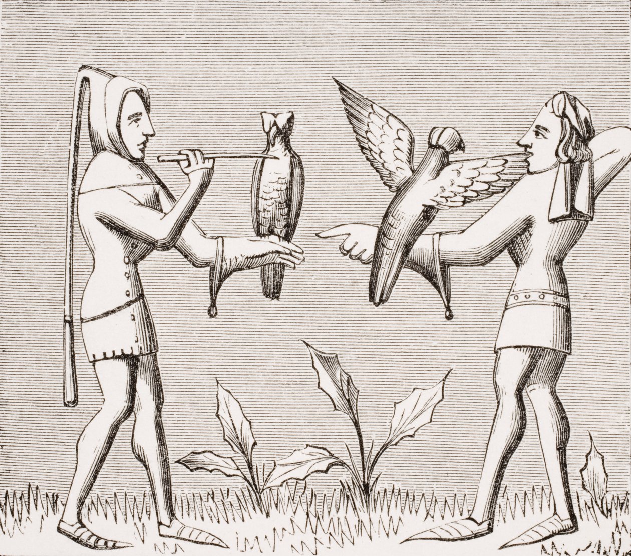 Fauconniers habillant leurs oiseaux, reproduction d