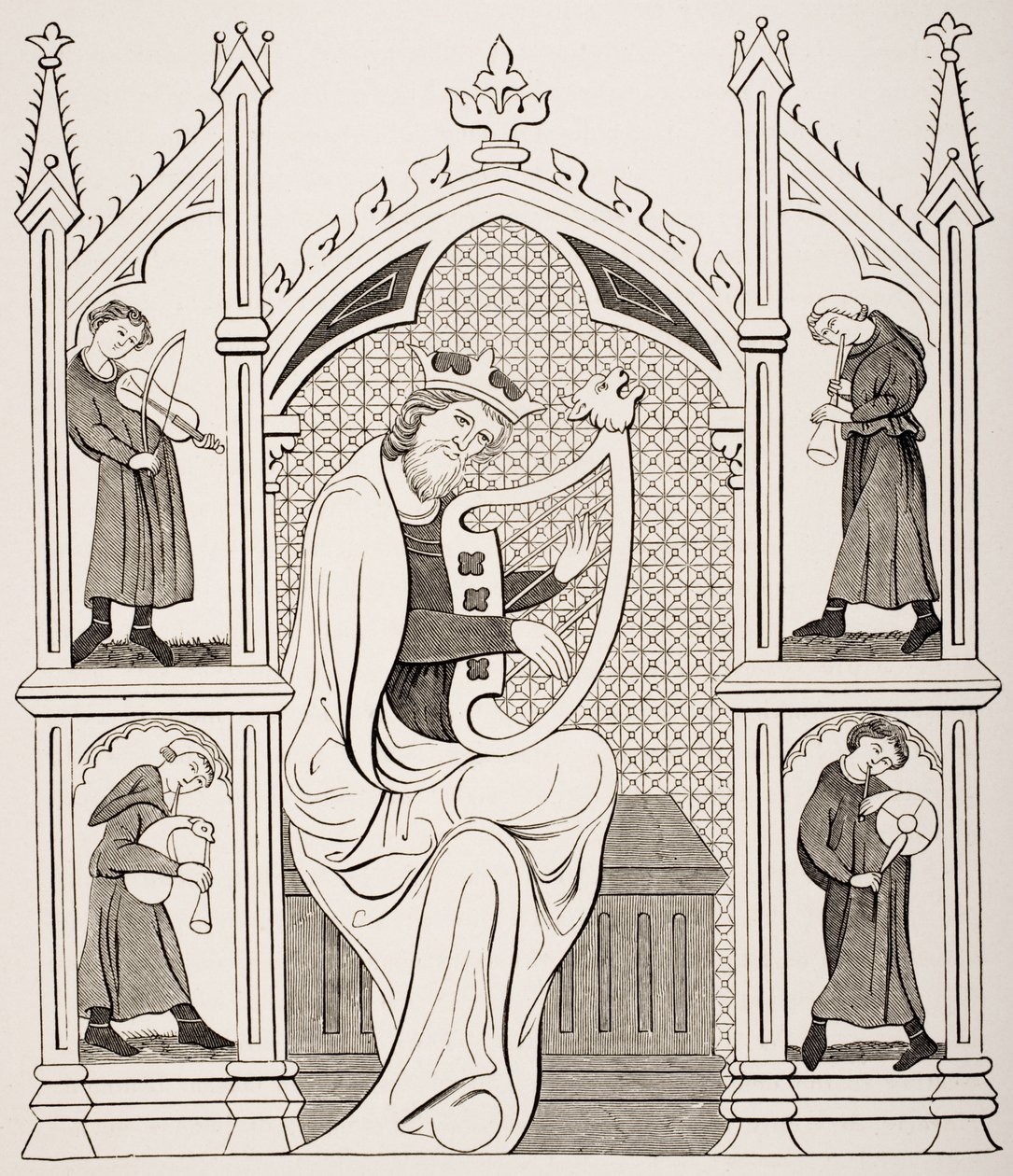 Le roi David jouant de la lyre entouré de quatre musiciens, d