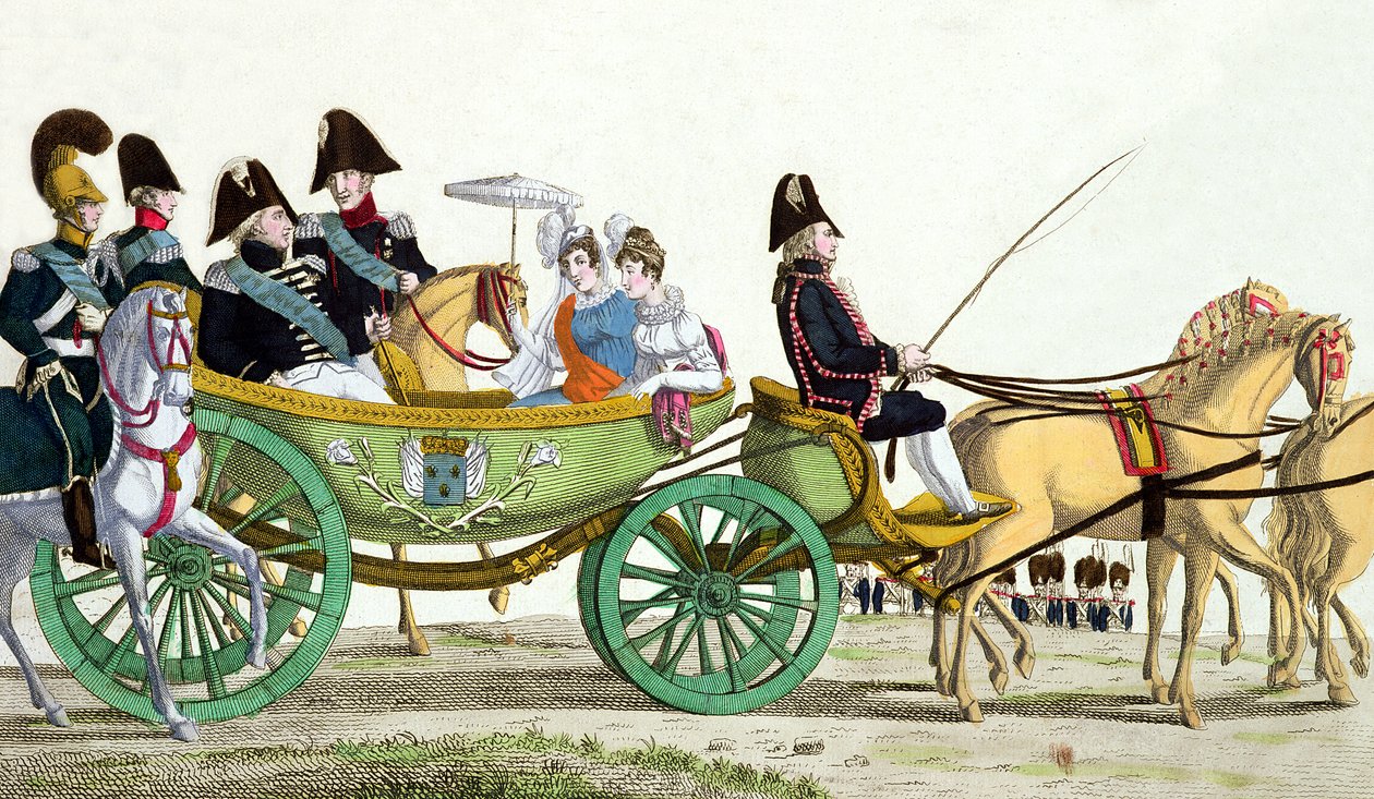 Louis XVIII et sa famille passant en revue les troupes royales au Champ de Mars, 20 juin 1814, jour de la bénédiction des drapeaux de la Garde Royale - French School
