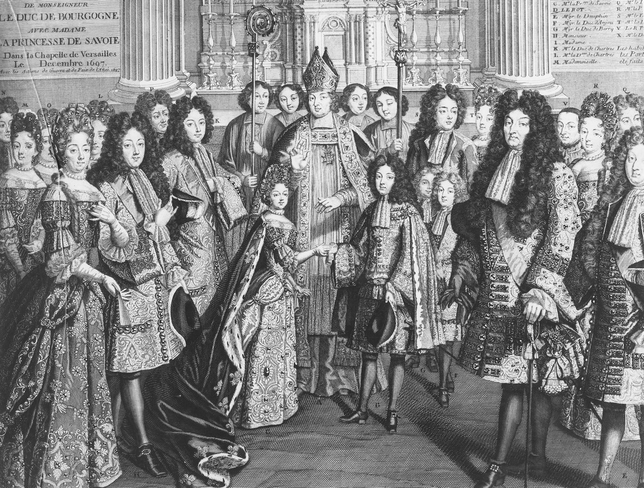 Mariage de Louis de France (1682-1712), duc de Bourgogne avec Marie Adélaïde de Savoie (1685-1712) dans la Chapelle Royale de Versailles, décembre 1694, en présence du roi Louis XIV - French School