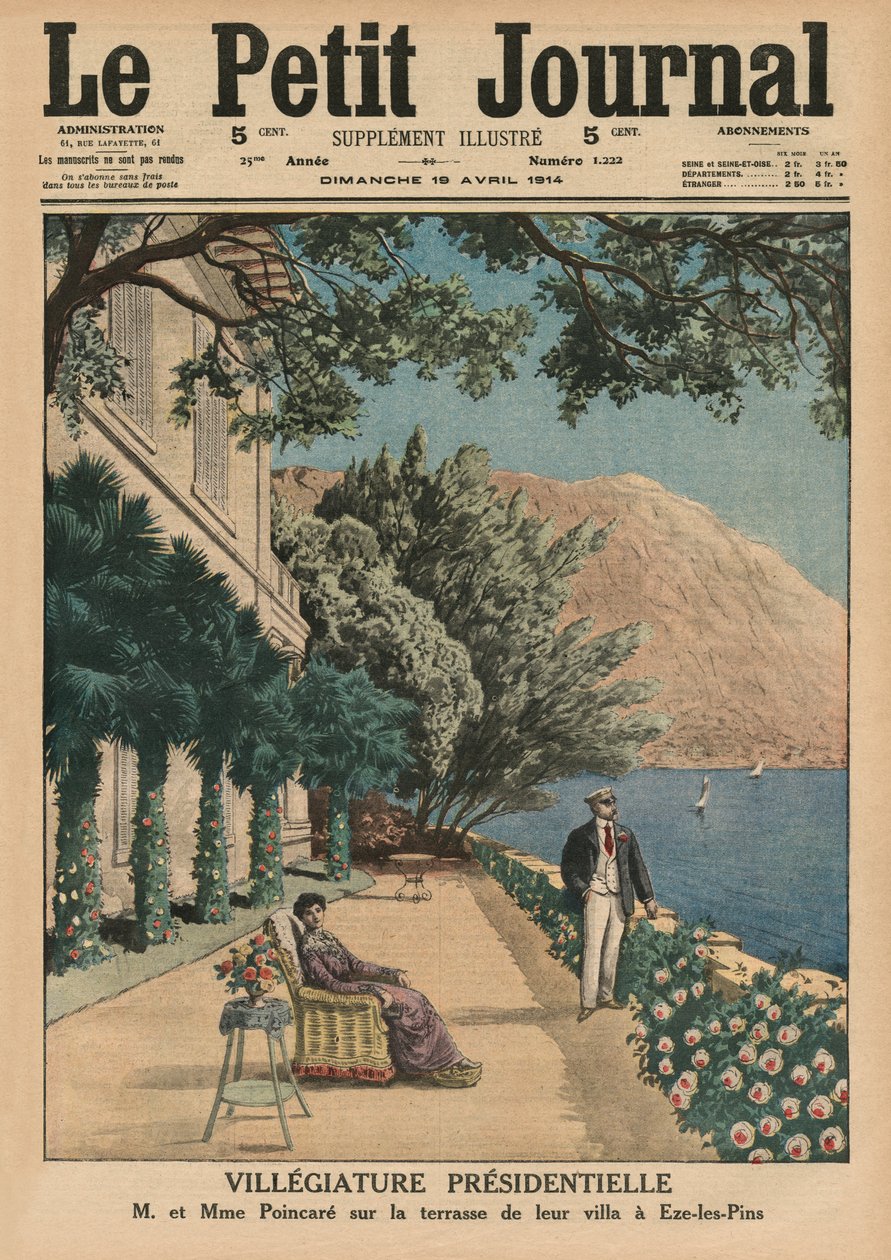 Vacances présidentielles, Monsieur et Madame Poincaré sur la terrasse de leur villa à Eze-les-Pins, illustration de couverture de 