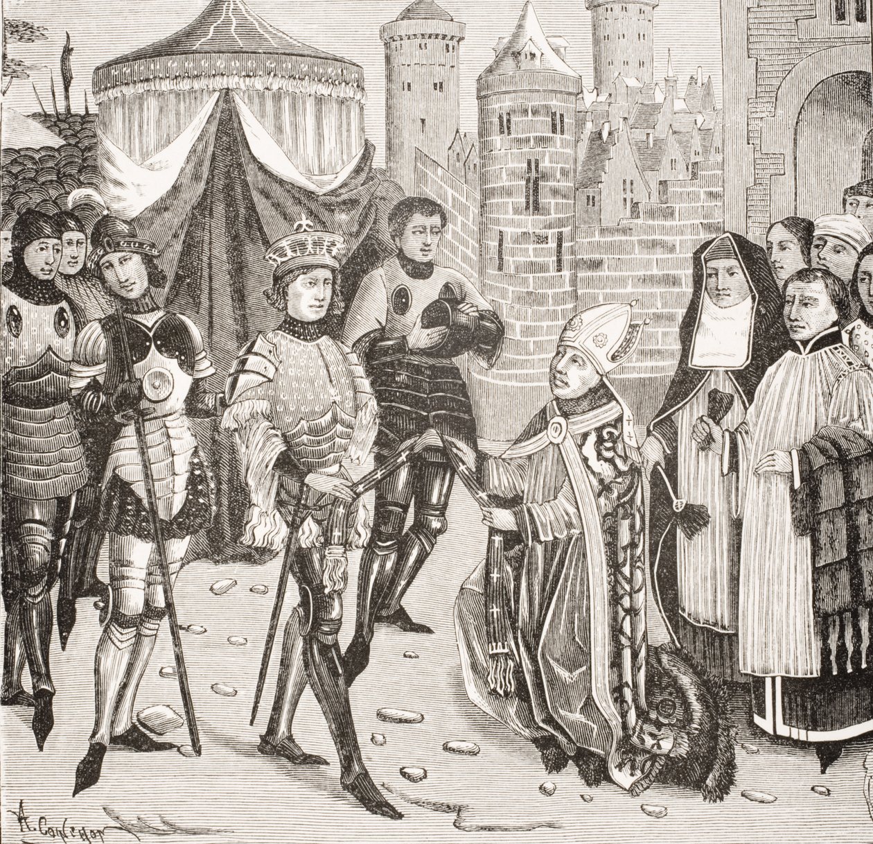 Saint Rémy, évêque de Reims, implore le roi Clovis (465-511) de rendre un vase sacré volé par les Francs lors du pillage de Soissons, d