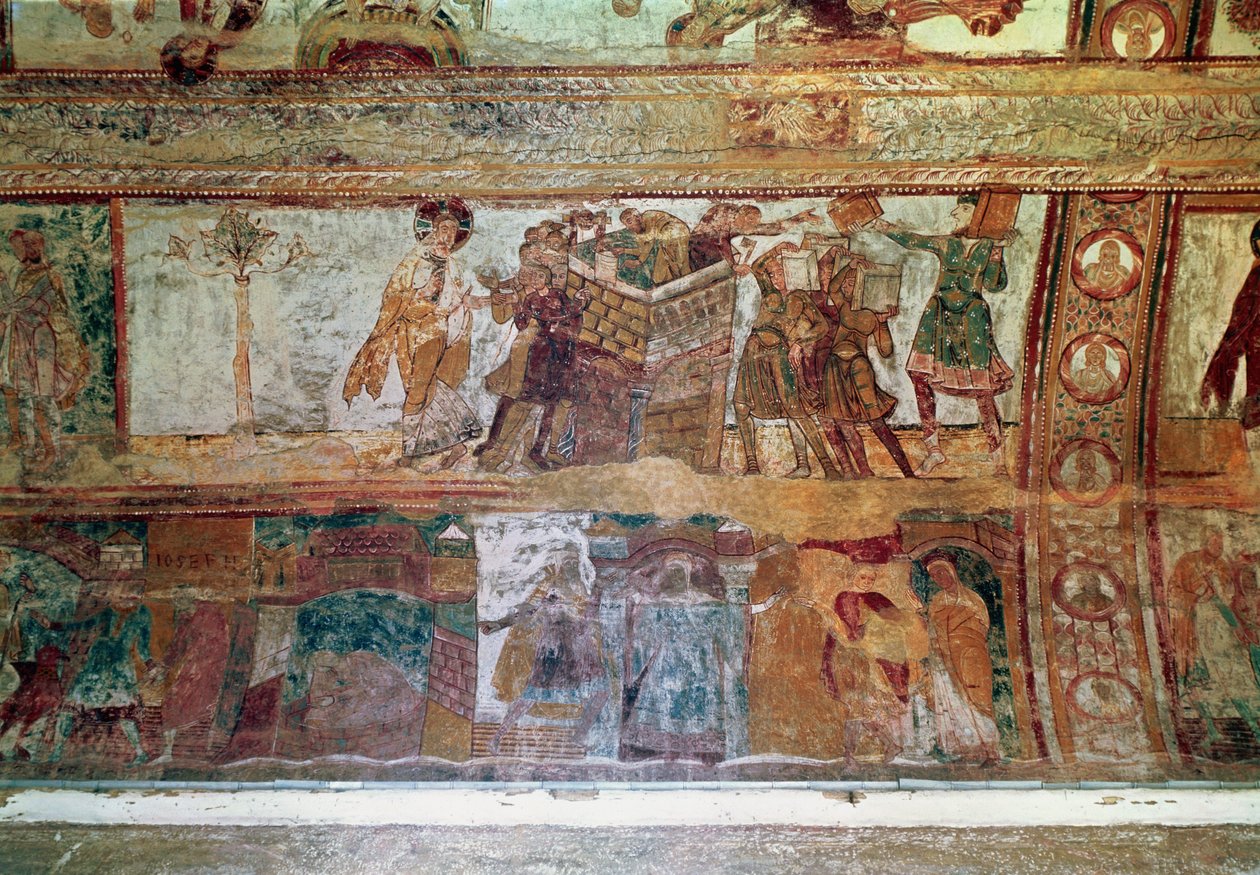 La construction de la tour de Babel (registre supérieur); La rencontre de Joseph et de la femme de Potiphar, et Joseph jeté en prison (registre inférieur), de la voûte de la nef, vers 1100 - French School