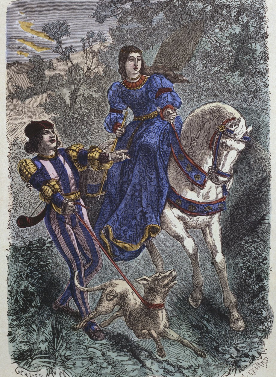 Costumes de chasse au 15ème siècle, jeune femme à cheval avec son écuyer, illustration de 