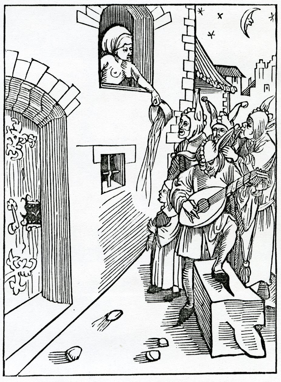Des Veilleurs de Nuit et des Batteurs des Rues jouant la Nuit sur des Instruments et utilisant des Folies semblables quand il est Temps de se Reposer, illustration de la traduction anglaise d