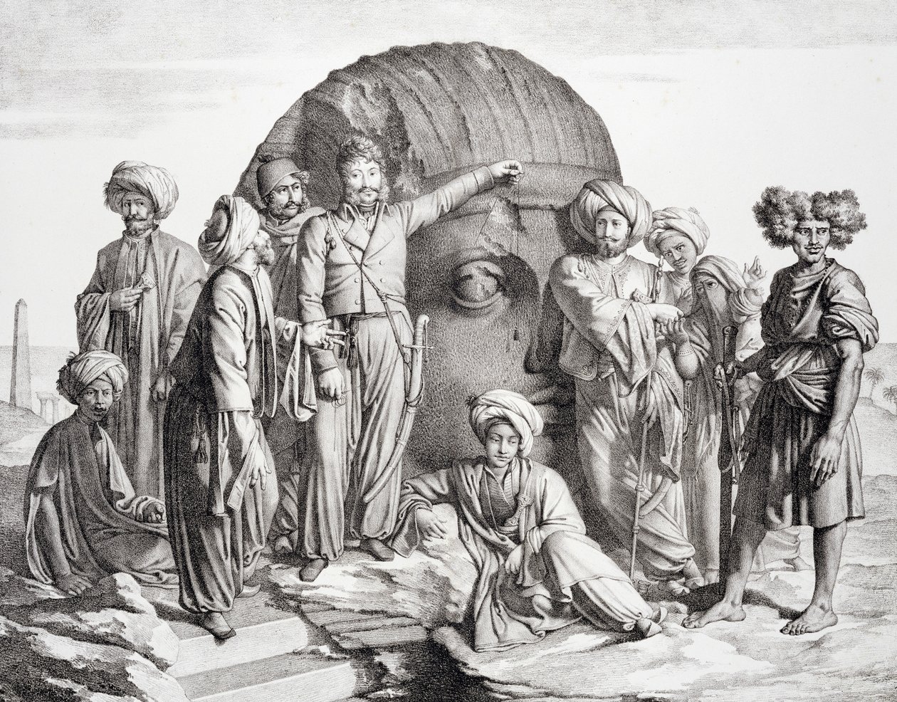 Monsieur Drovetti et ses partisans utilisant un fil à plomb pour mesurer une tête colossale dans le désert égyptien, gravé par G. Engelmann, de 