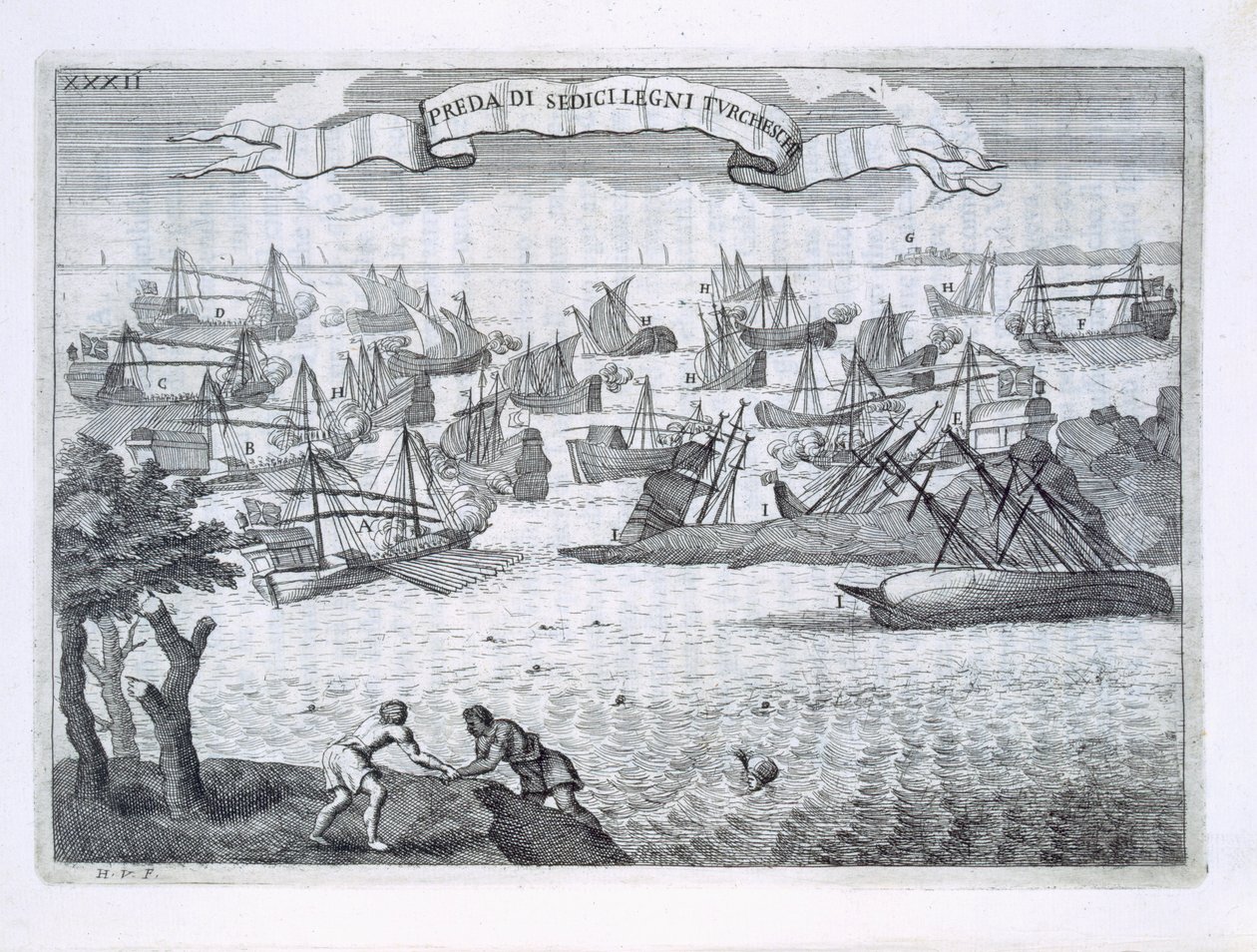 Seize navires pirates au service des Turcs coulés par les Italiens dans leurs galions et galéasses, illustration de 