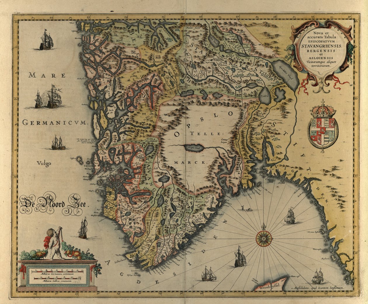 Carte nouvelle et précise des évêchés de Stavanger, Bergen - Jan og Jodocus Hondius Janssonius