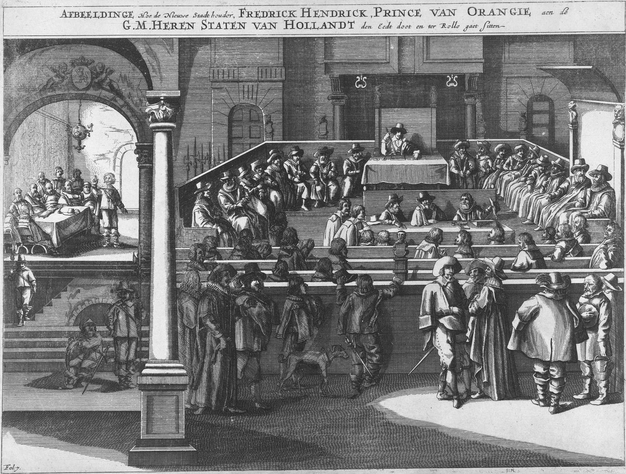 Afbeeldinge, Hoe de Nieuwe Stadt houder, Fredrick Hendrick, Prince van Orangie, aen de G.M. Heren Staten van Hollandt den Eedt doet en ter Rolle gaet sitten Frederik Hendrik legt de eed af als stadhouder en neemt zitting in de Staten van Holland, 1625 - Unknown
