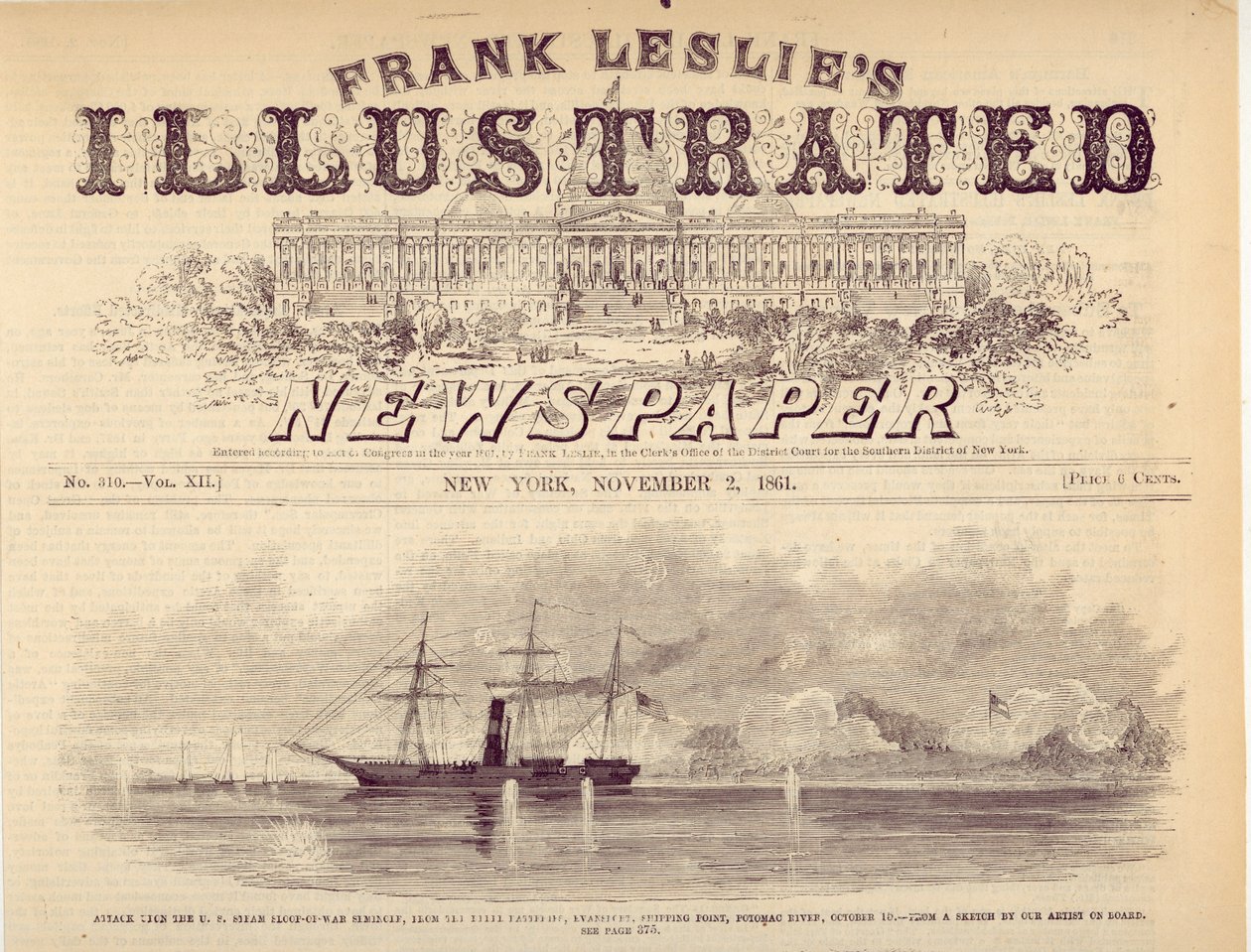 Attaque sur le sloop de guerre à vapeur américain Seminole, depuis le (illisible) Shipping Point, rivière Potomac, 15 octobre - Unknown