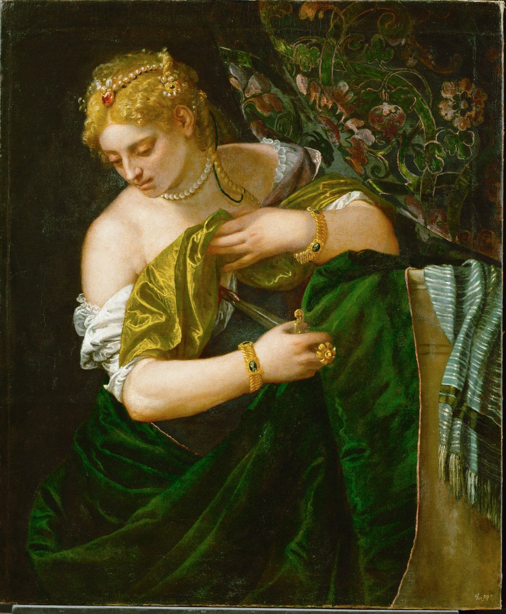 Lucrèce, noble romaine mariée à Tarquinius Collatinus, se suicide après avoir été violée par le fils de Tarquinius Superbus (huile sur toile). - (1528-88) Veronese