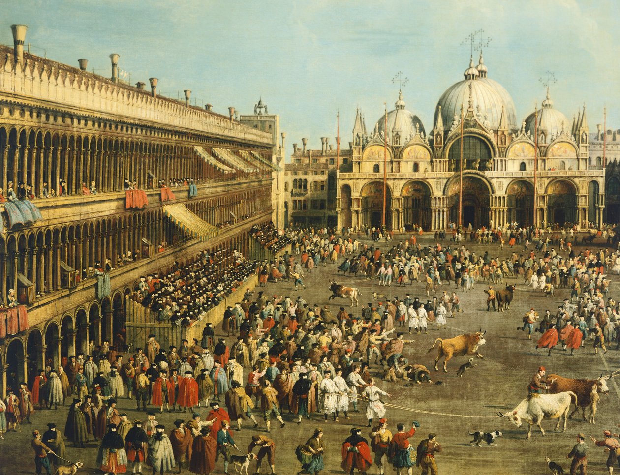 Corrida ou Chasse au taureau sur la Piazza San Marco, par Canaletto et Giovanni Battista Cimaroli - Canaletto