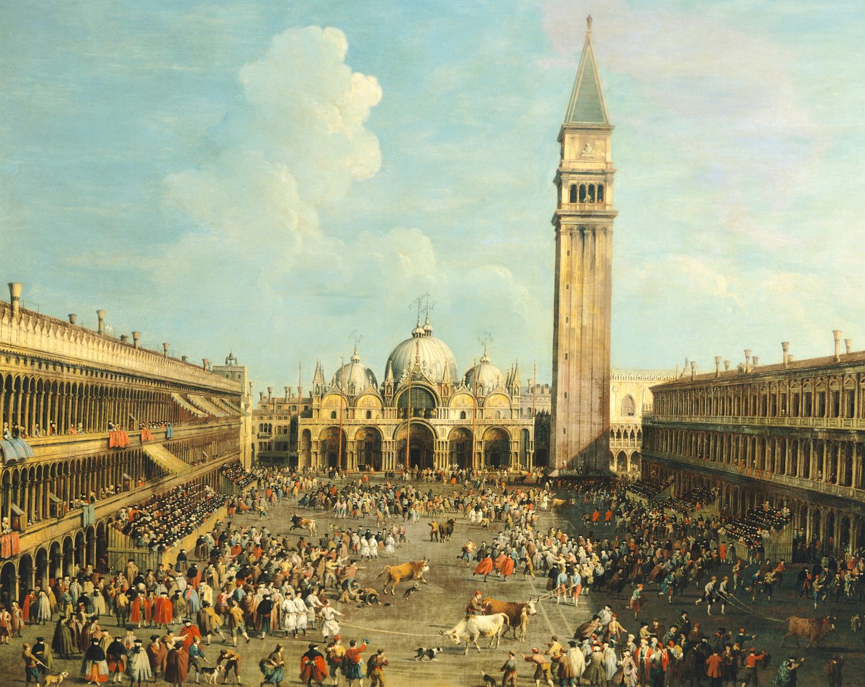 Corrida ou Chasse au taureau sur la Piazza San Marco, par Giovanni Antonio Canal, dit Canaletto et Giovanni Battista Cimaroli - Canaletto