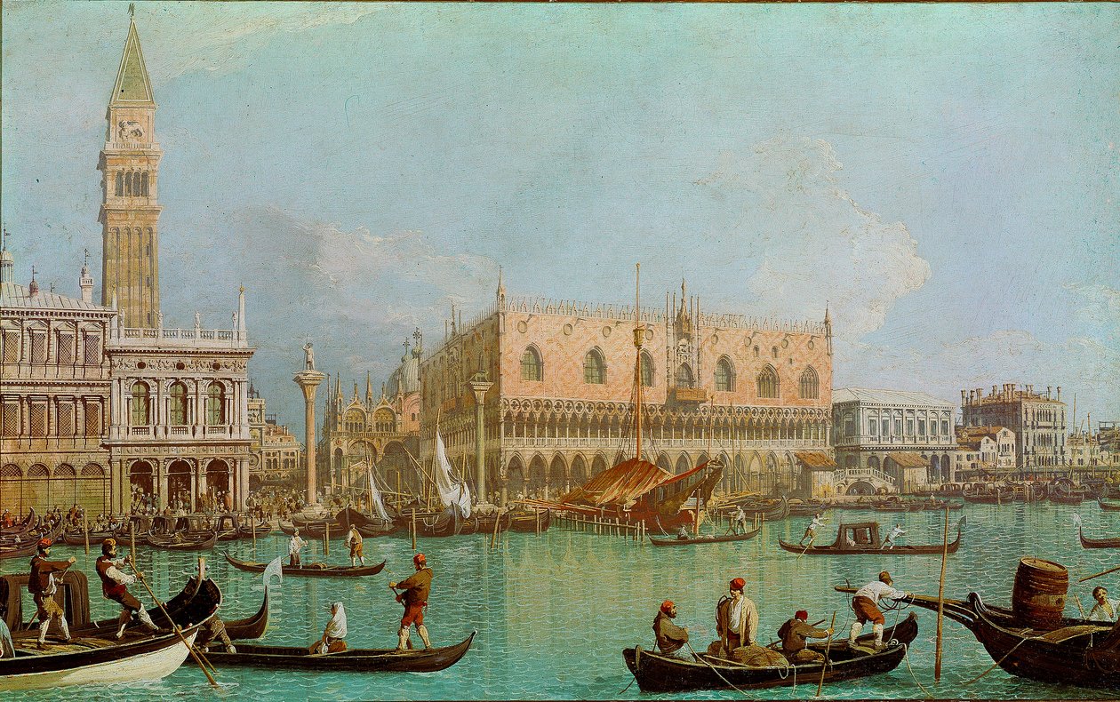 Le Môle avec le Palais des Doges du bassin de Saint-Marc (Il molo col Palazzo Ducale dal bacino di San Marco). Vue de Venise, Palais des Doges et place Saint-Marc prise du canal - Canaletto