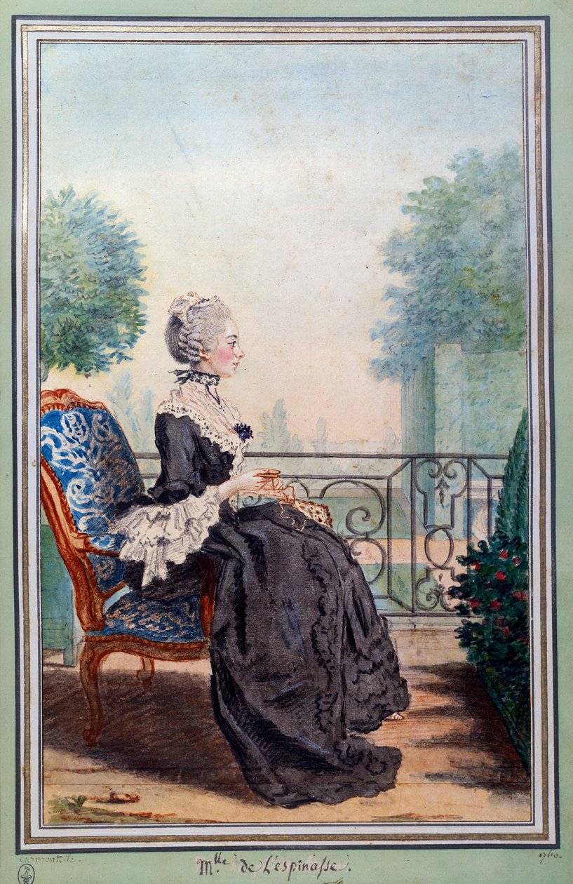 Portrait en pied de Julie de Lespinasse (1732-1776) femme de lettres Aquarelle de Louis Carrogis (1717-1806) dit Carmontelle. 18ème siècle Chantilly, Musée Condé - Carmontelle