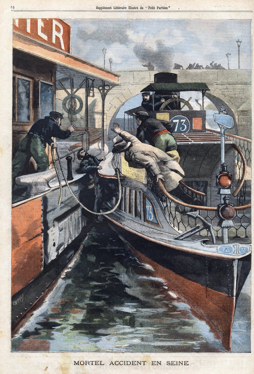 Accident mortel sur la Seine : un employé de la compagnie des Bateaux Parisiens meurt écrasé entre deux bateaux près du pont de Charenton. Gravure dans « Le Petit Parisien » du 17/02/1901 - (after) Carrey