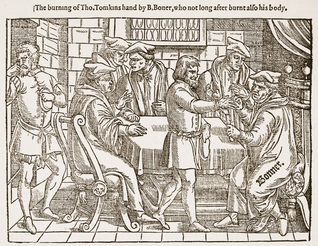 La brûlure de la main de Tho. Tomkins par B. Boner, qui peu après brûla aussi son corps, illustration de 