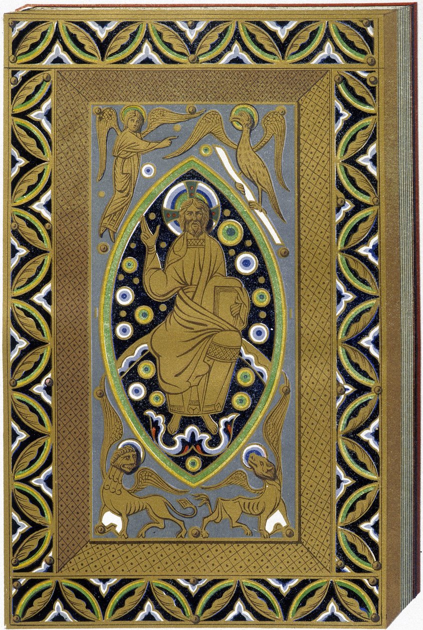 Christ en Mandorle avec les symboles des 4 évangélistes (Tétramorphe). Lithographie reproduisant une reliure émaillée du XIIIe siècle. - (after) French School