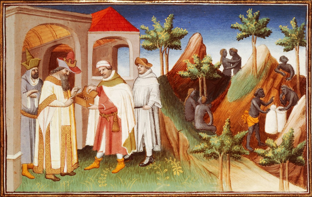 Mr Fr 2810 f.83r, Roi de Lar achetant des perles, miniature du 