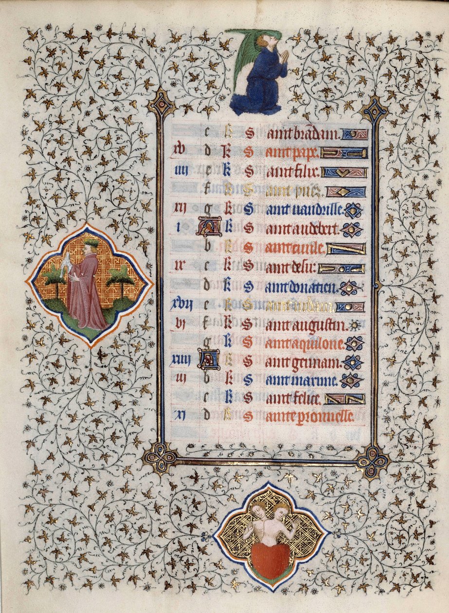 Page du manuscrit « Les Très Riches Heures du Duc François de Guise » enluminé par le Maître de Boucicaut : représentation des signes du zodiaque et scènes de la vie quotidienne : gemmes. 15ème siècle. Musée Condé, Chantilly - (and workshop) Boucicaut Master