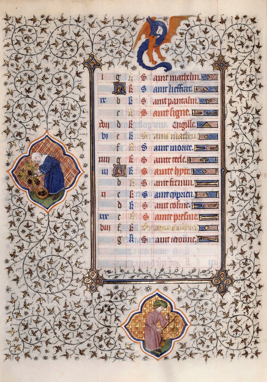 Page du manuscrit « Les Très Riches Heures du Duc François de Guise » enluminé par le Maître de Boucicaut : représentation des signes du zodiaque et des travaux agricoles : balance et moisson. 15ème siècle. Musée Condé, Chantilly - (and workshop) Boucicaut Master