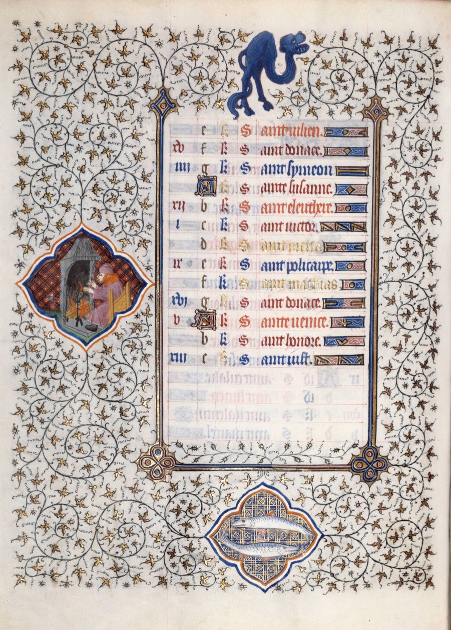 Page du manuscrit « Les Très Riches Heures du Duc François de Guise » enluminé par le Maître de Boucicaut : représentation des signes du zodiaque et scènes de la vie quotidienne : poissons et un homme se réchauffant devant une cheminée. 15e siècle. Musée C - (and workshop) Boucicaut Master