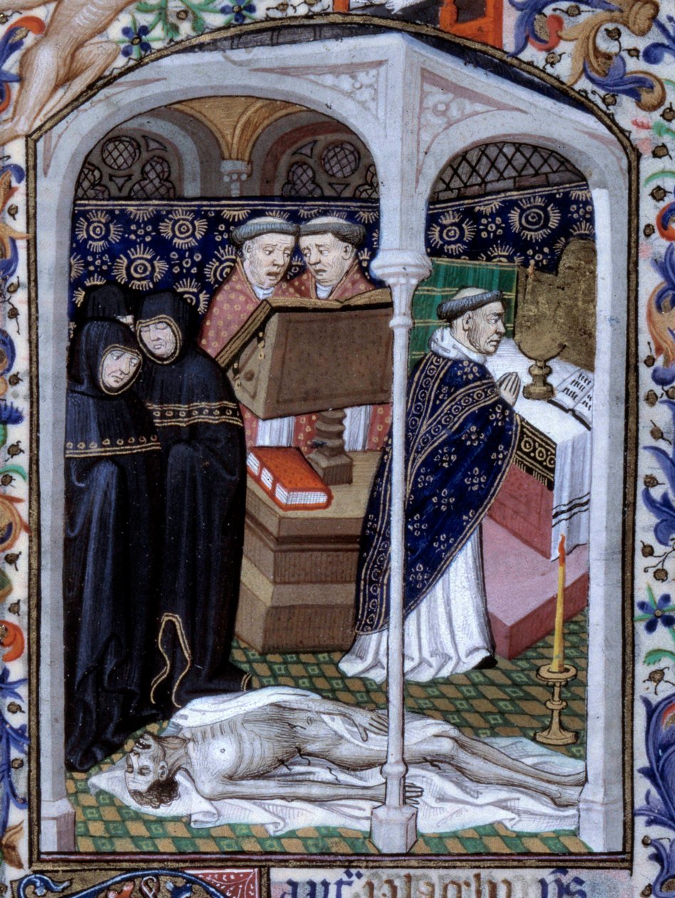 Scène de cérémonie funèbre et danse macabre. Miniature du Livre d