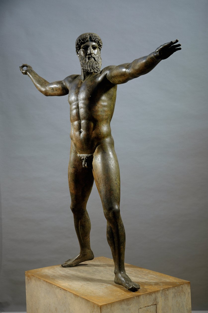 Art grec : Poséidon (ou Zeus) - Sculpture en bronze attribuée au sculpteur Kalamis (480-460 av. J.-C.) De Cap Artemision, Dim. 209 cm - Athènes, Musée National d
