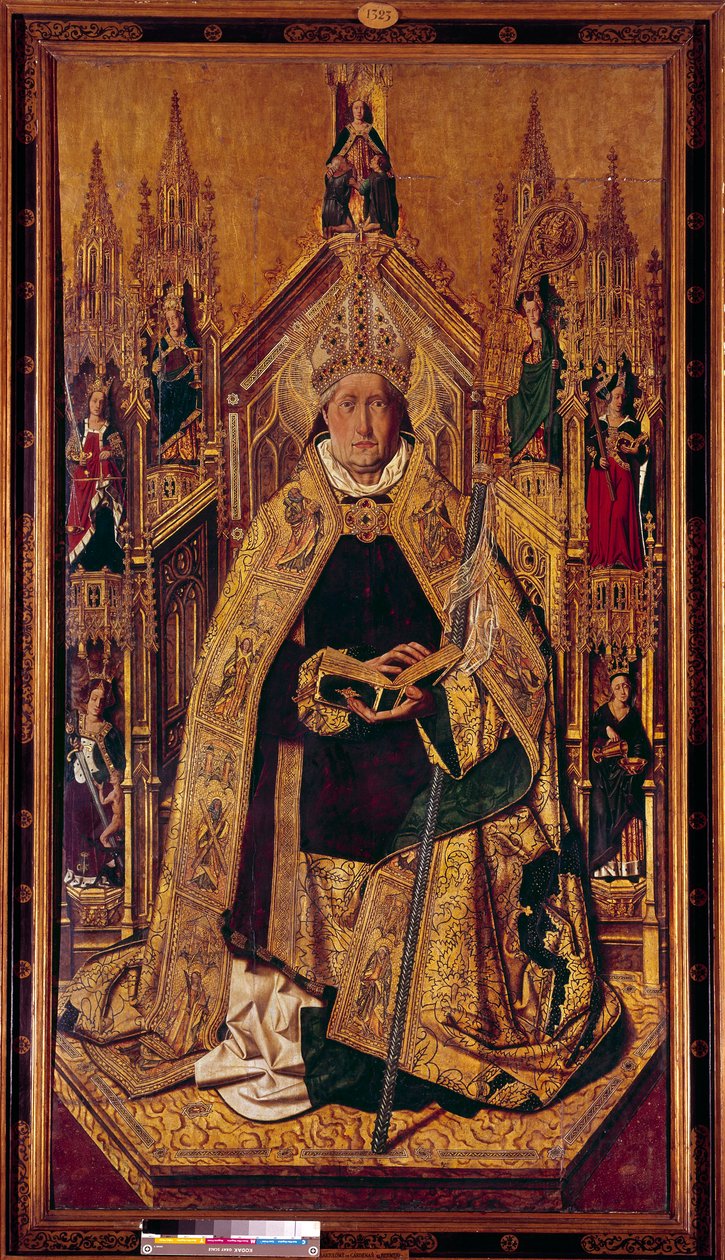Saint Dominique de Silos (1000-1073) sur le trône. Dominique était un berger de Navarre. Il est devenu moine bénédictin à Silos, Castille. Peinture sur bois de Cardenas Bermejo (1435/40-1500) XVe siècle Dim. 242 x 130 cm Madrid, Musée du Prado - Bermejo