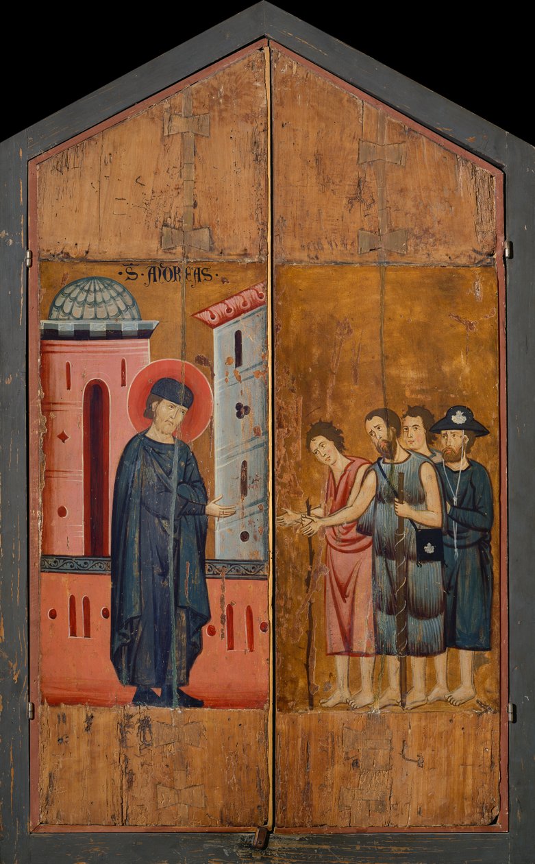Diptyque du Bienheureux Andrea Gallerani : Le bienheureux hôte Gallerani recevant des pèlerins et des mendiants, panneaux extérieurs, c.1270 - (workshop of) Guido da Siena