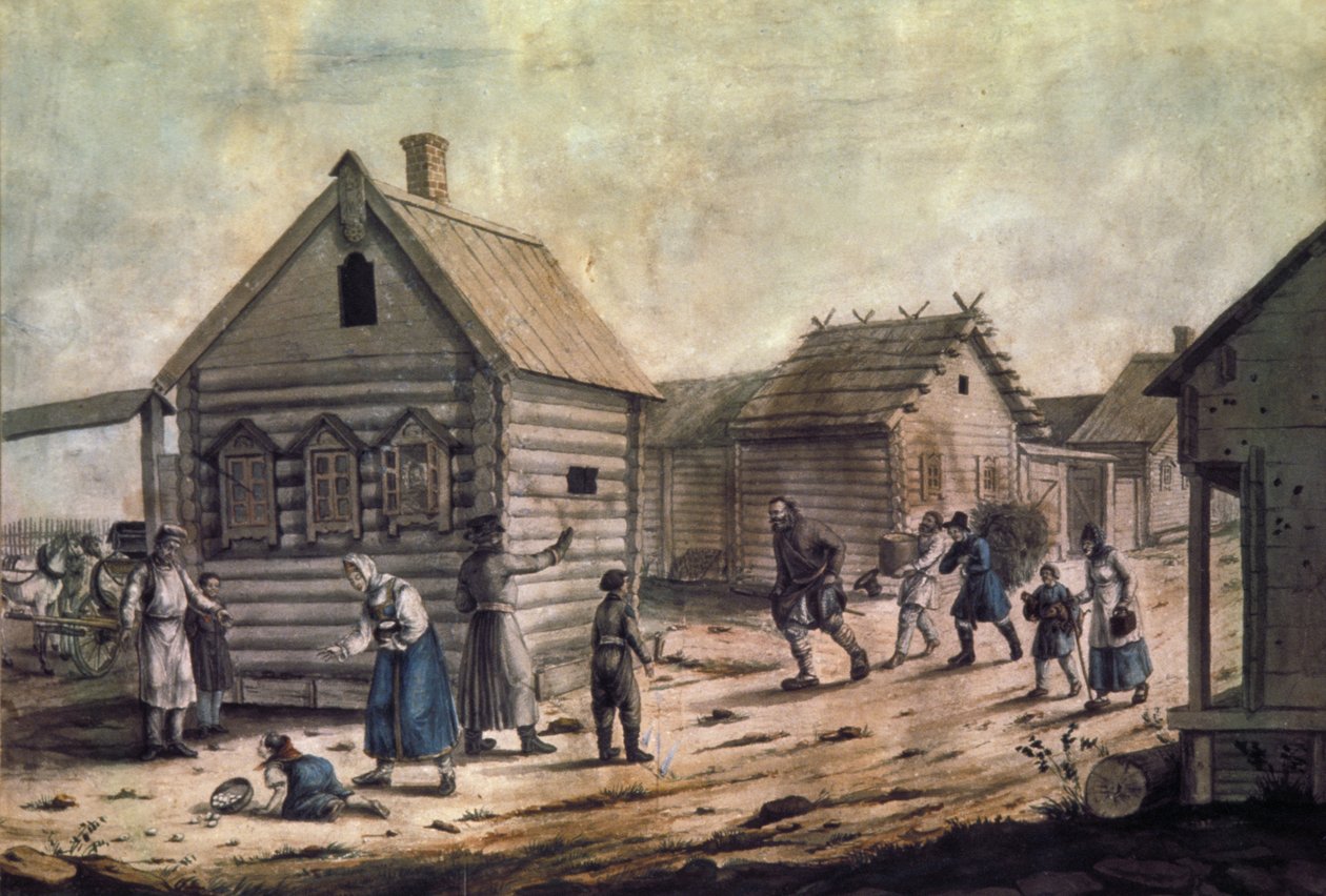 Arrivée de la maîtresse du village, une aquarelle des années 1850 - Unknown