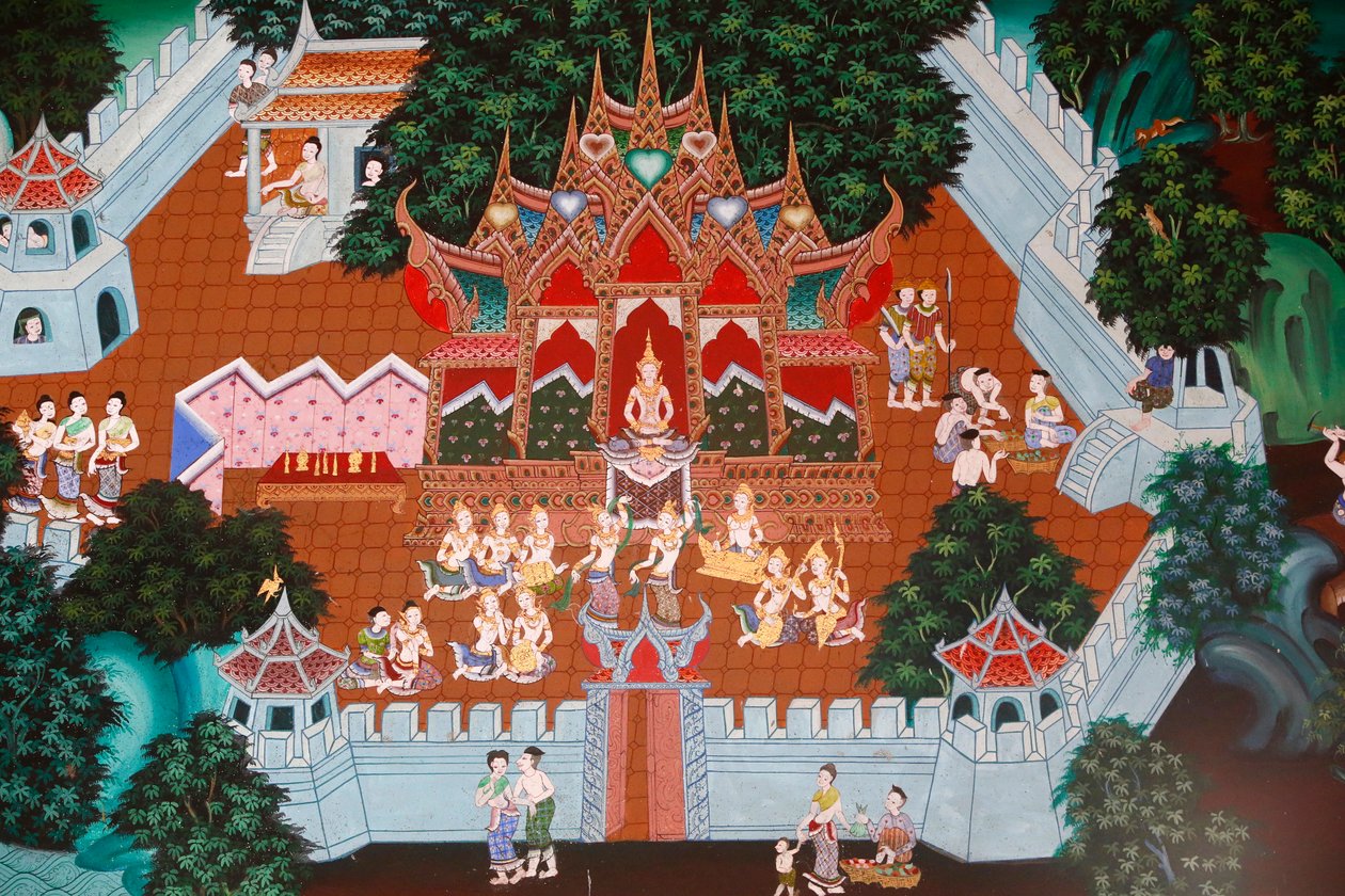 Fresque à Wat Ampharam, Hua Hin, Thaïlande. Temiya Jataka, également nommé Muga-Pakkha Jataka, une des vies antérieures de Bouddha - Unknown