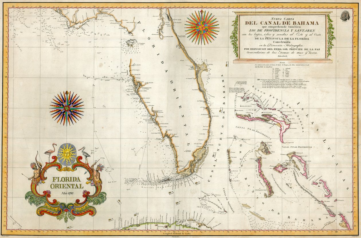 Carte espagnole de la Floride et des Bahamas, 1805 (gravure en couleur) - Unknown