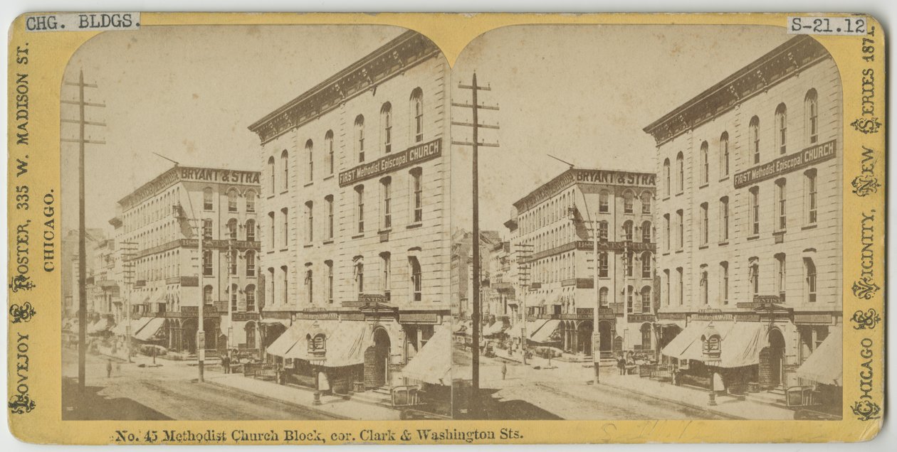 Stéréographe de la vue du Methodist Church Block au coin des rues Clark et Washington, Chicago, 1871 - American Photographer