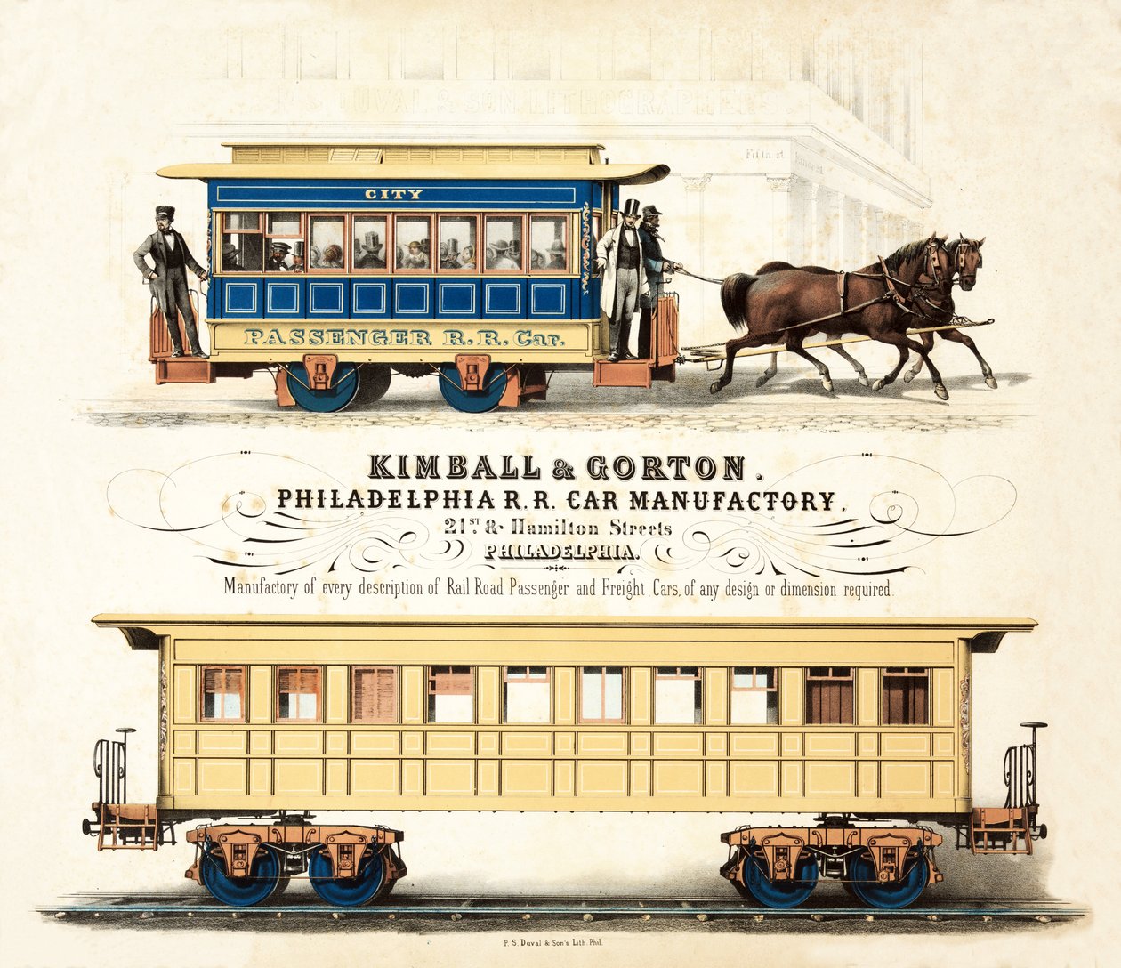 Publicité pour Kimball & Gorton, Manufacture de wagons de chemin de fer de Philadelphie, publié vers 1857 - American School