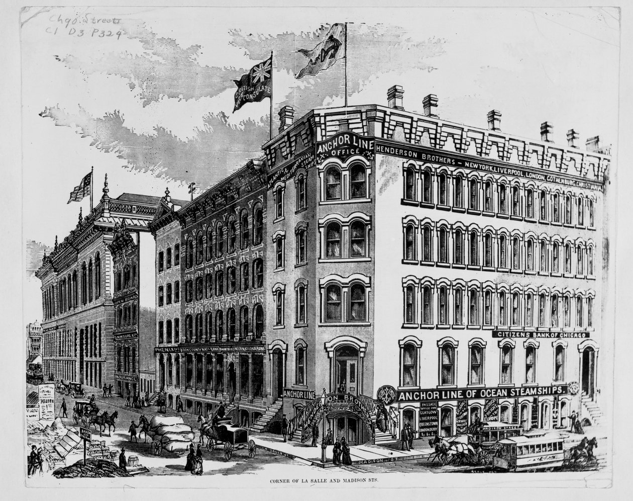 Bureau de la Anchor Line au coin des rues LaSalle et Madison, Chicago, c.1875 - American School