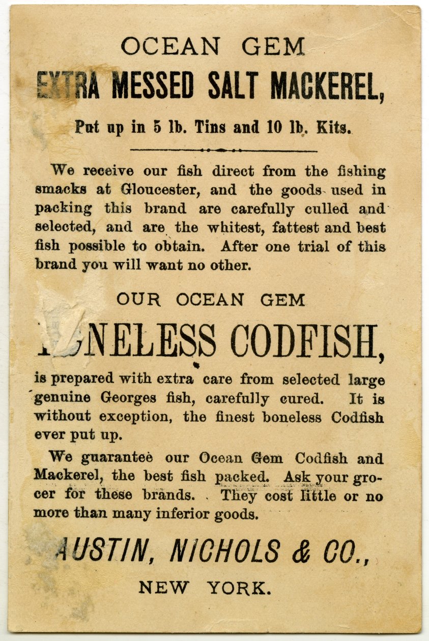 Austin, Nichols & Co. Ocean Gem Mackerel, verso de la carte commerciale - American School