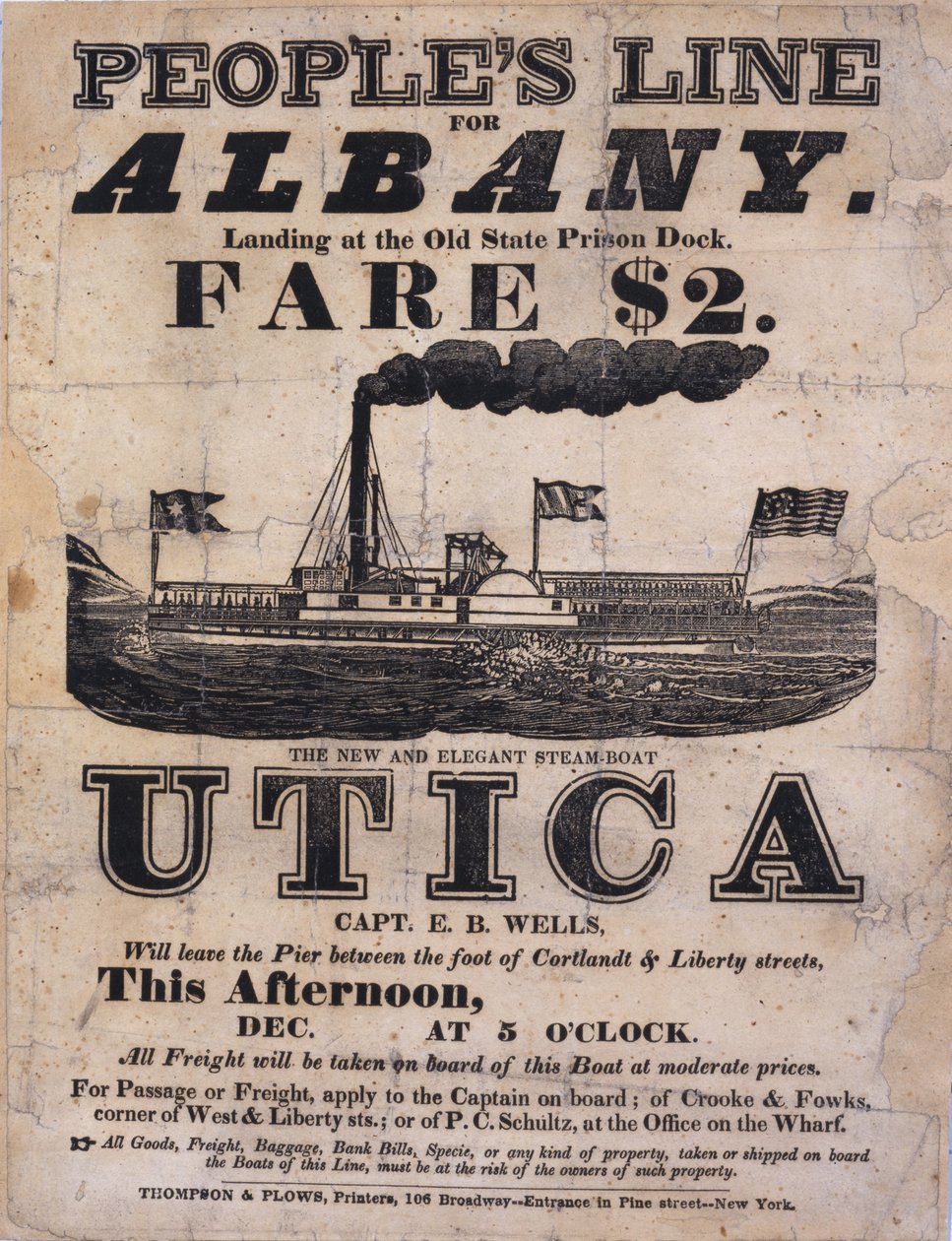 Affiche de la Ligne Populaire pour Albany, Le Nouveau et Élégant Bateau à Vapeur Utica - American School