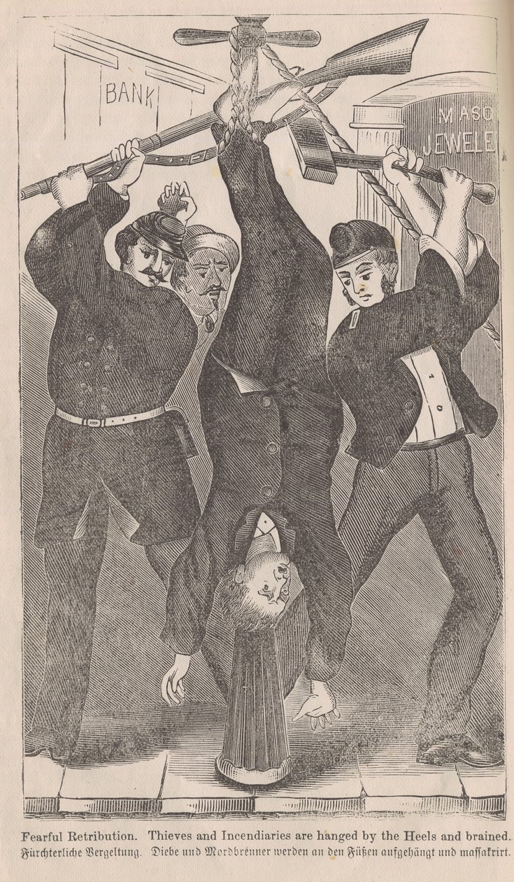 Rétribution effrayante, voleurs et incendiaires pendus par les talons et assommés, extrait de The Great Fires of Chicago par George L. Barclay, 1872 - American School