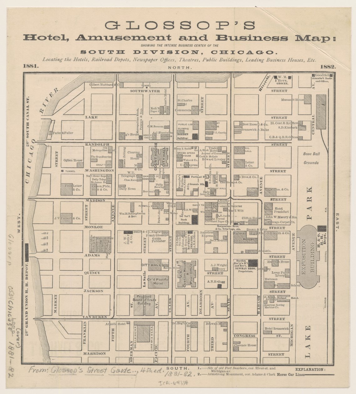 Glossops Hotel, carte des divertissements et des affaires, vers 1881-82 - American School